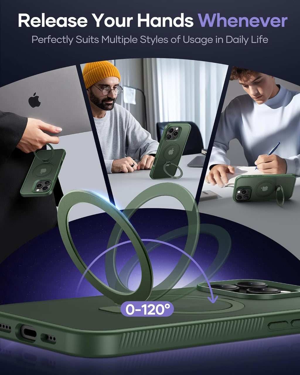 Magnetic Ring Kickstand, Shockproof Protective Back & Translucent Matte Slim Phone Cover for iPhone