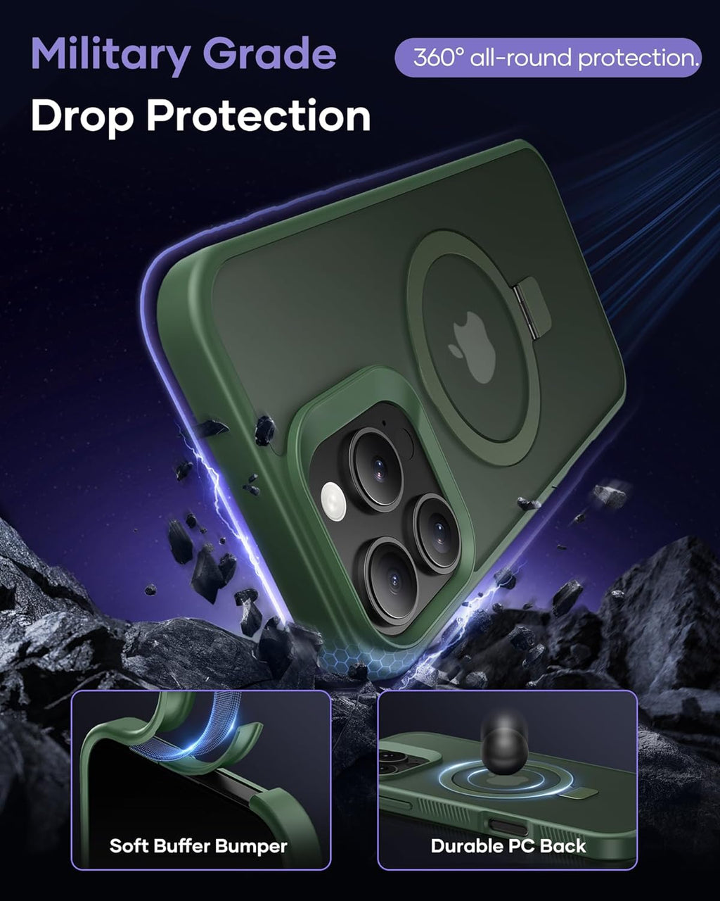 Magnetic Ring Kickstand, Shockproof Protective Back & Translucent Matte Slim Phone Cover for iPhone