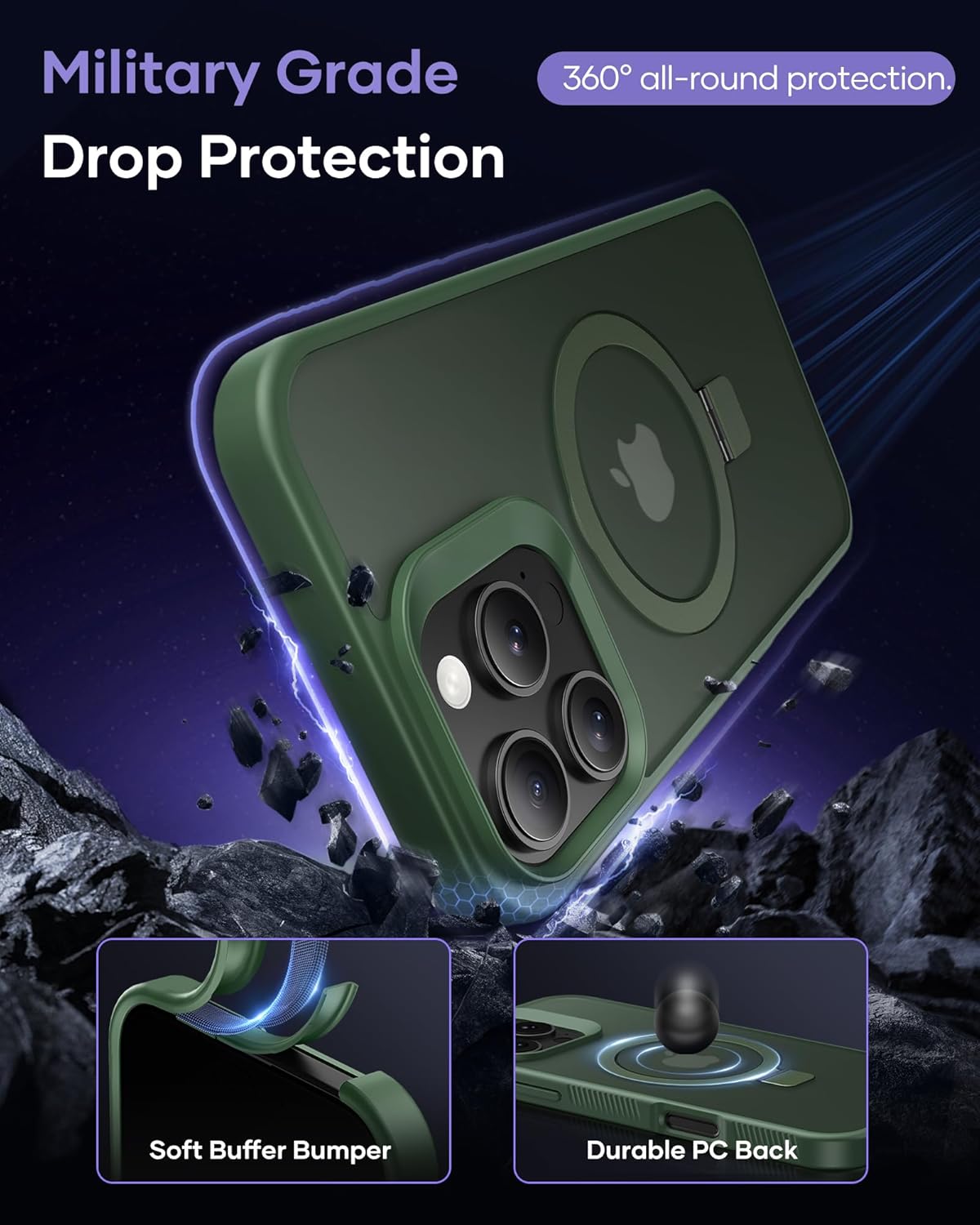 Magnetic Ring Kickstand, Shockproof Protective Back & Translucent Matte Slim Phone Cover for iPhone