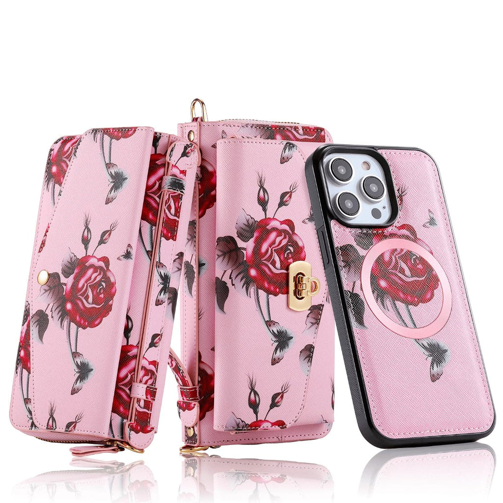 Flower Embellished Zipper Purse and Wallet Duo For iPhone