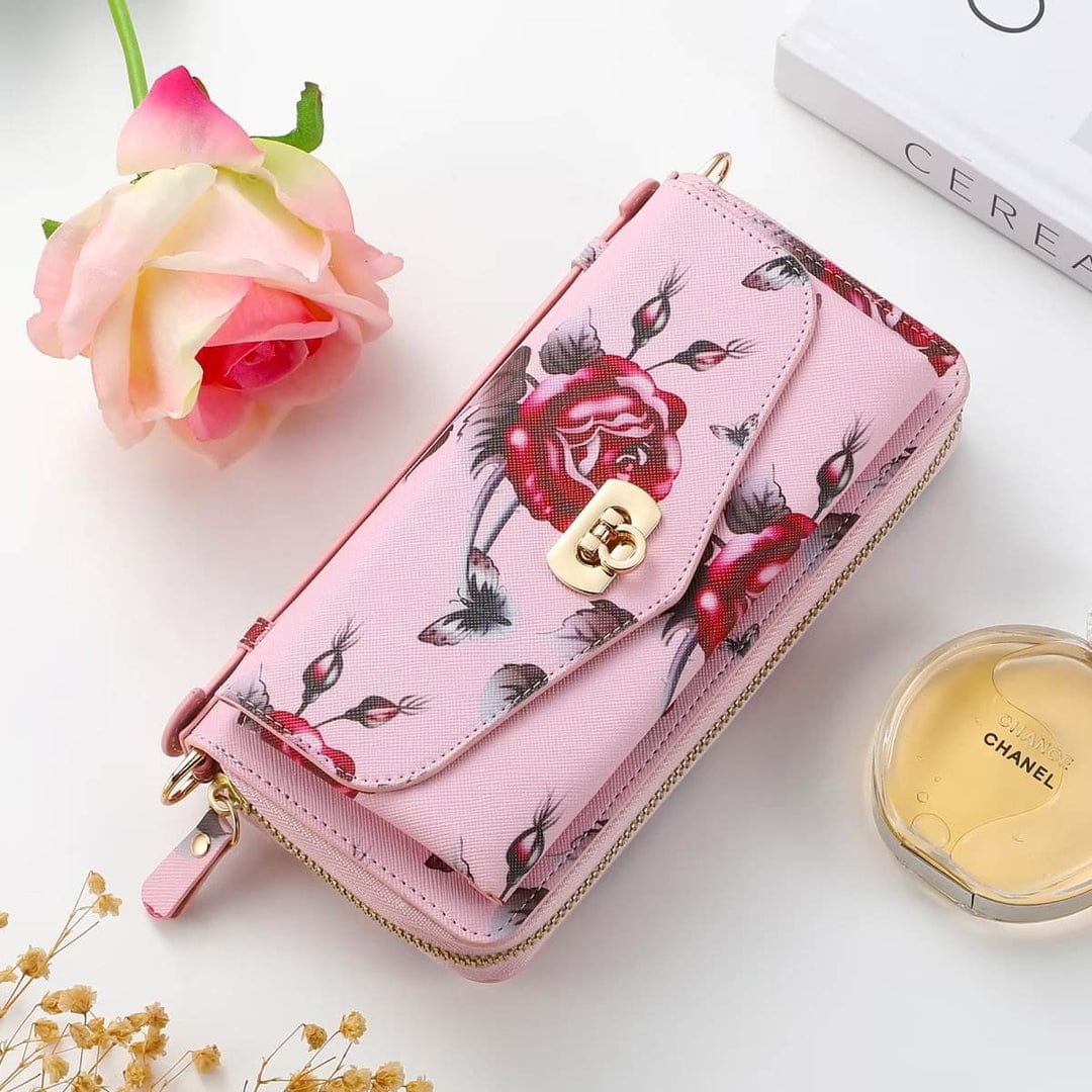 Flower Embellished Zipper Purse and Wallet Duo For iPhone