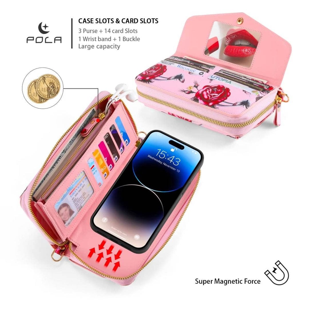 Flower Embellished Zipper Purse and Wallet Duo For iPhone