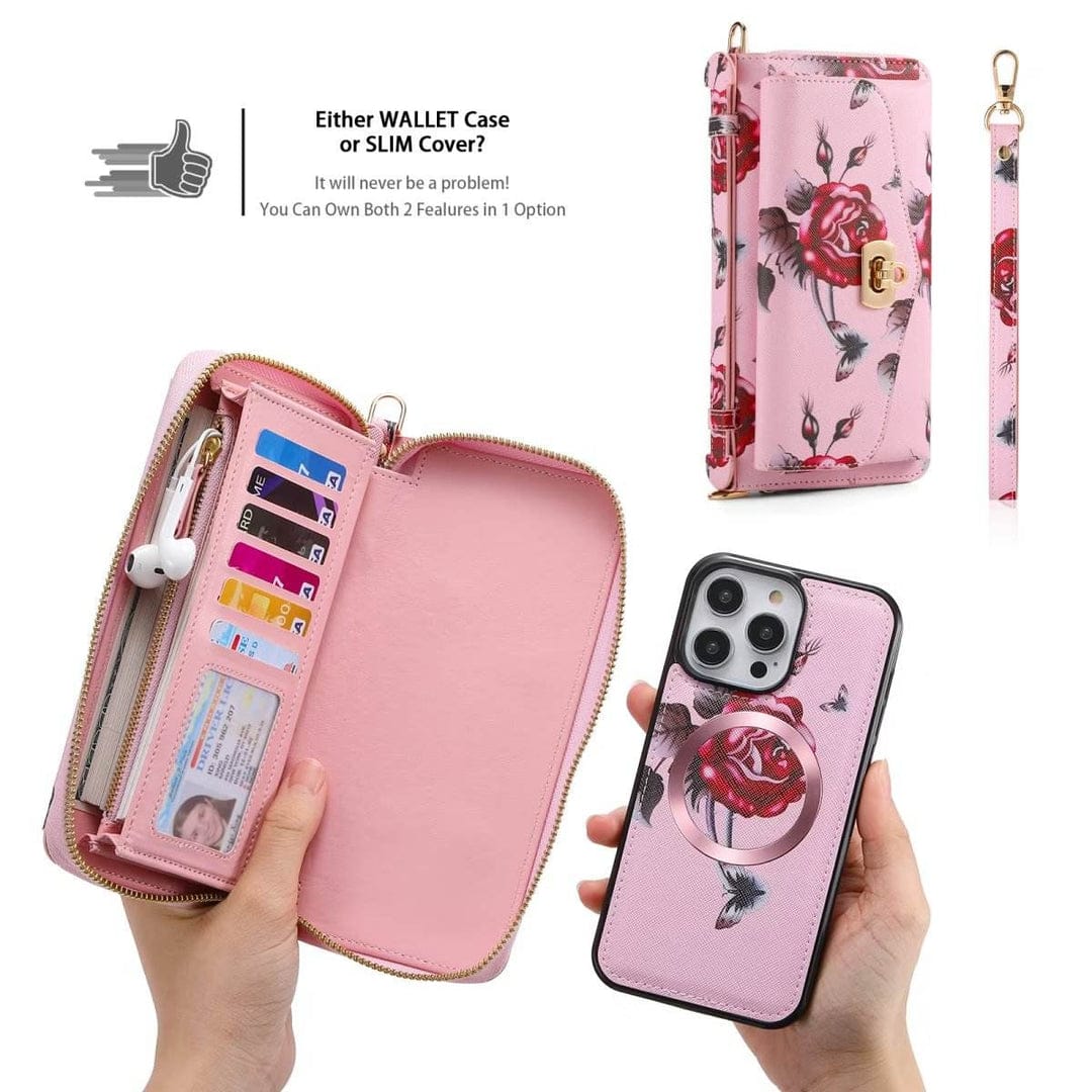 Flower Embellished Zipper Purse and Wallet Duo For iPhone