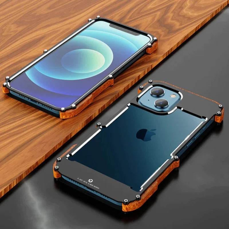 R-Just Aluminium Natural Wood Anti Shock Bumper Case for iPhone